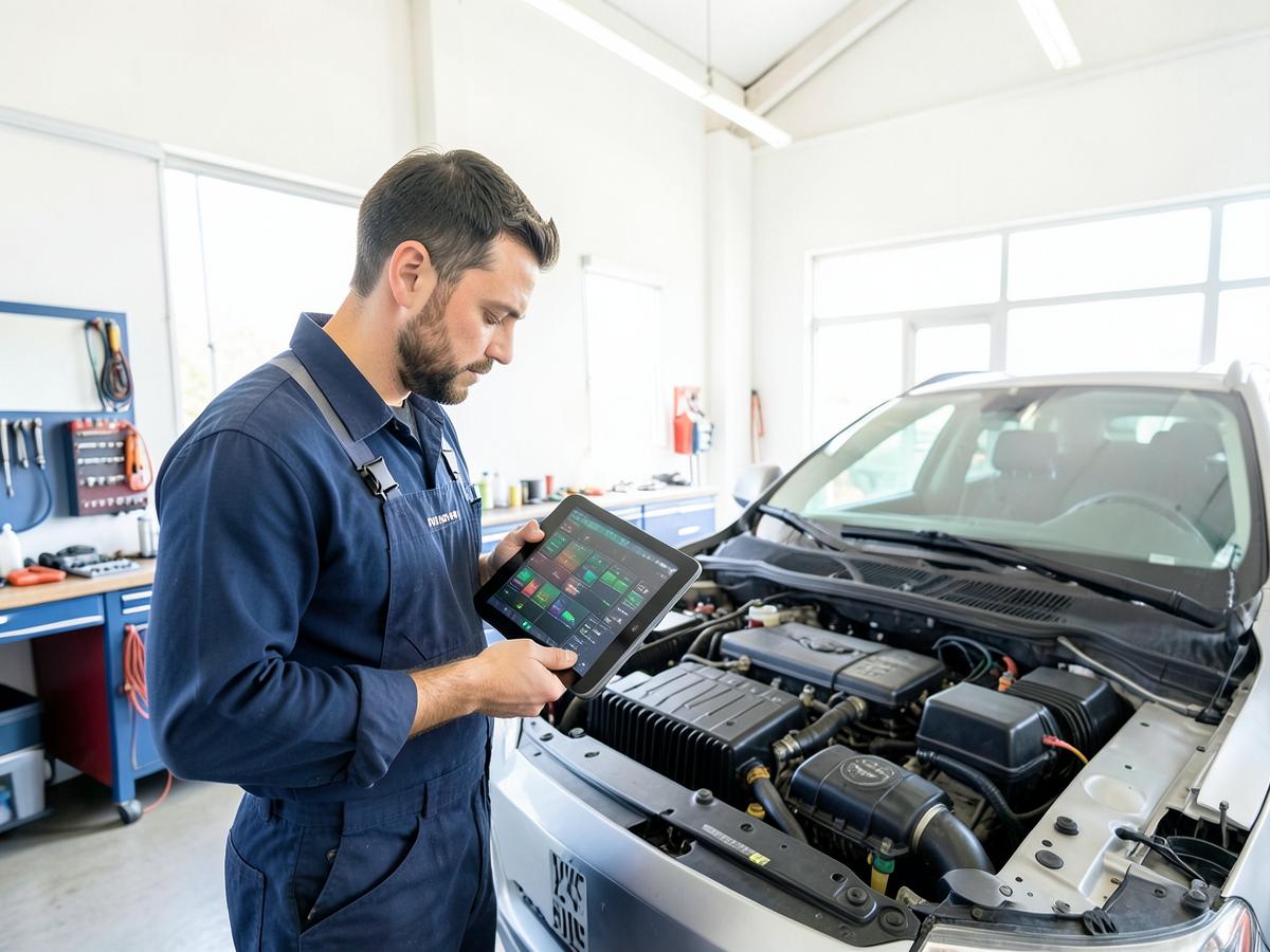 Mechanic reading live engine diagnostics on a tablet
